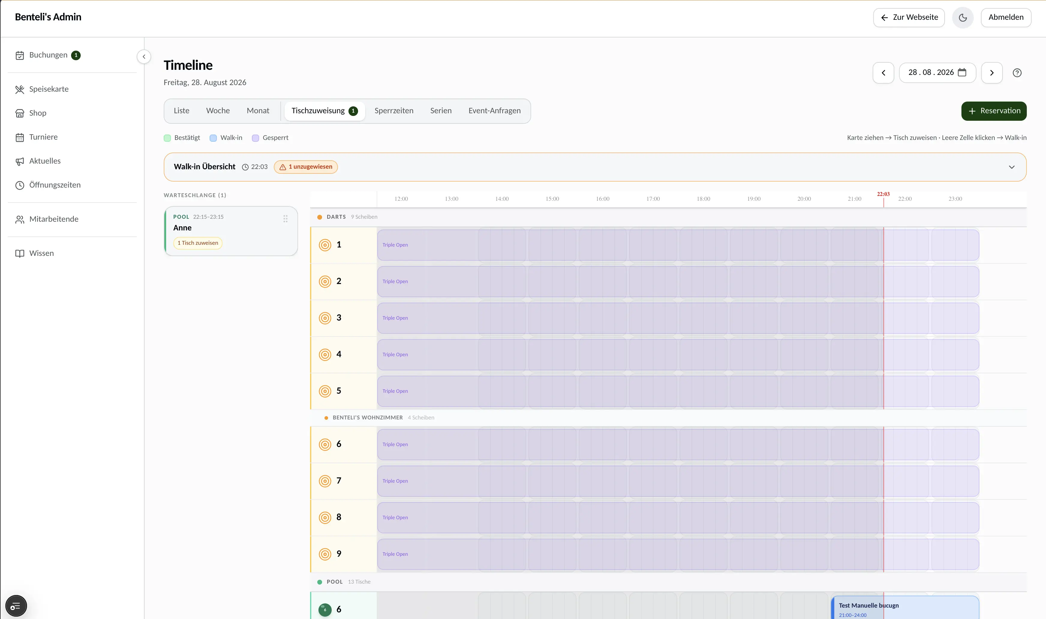Benteli's – Buchungs-Timeline mit Tischzuweisung im Admin-Bereich, umgesetzt von Nexo Solutions