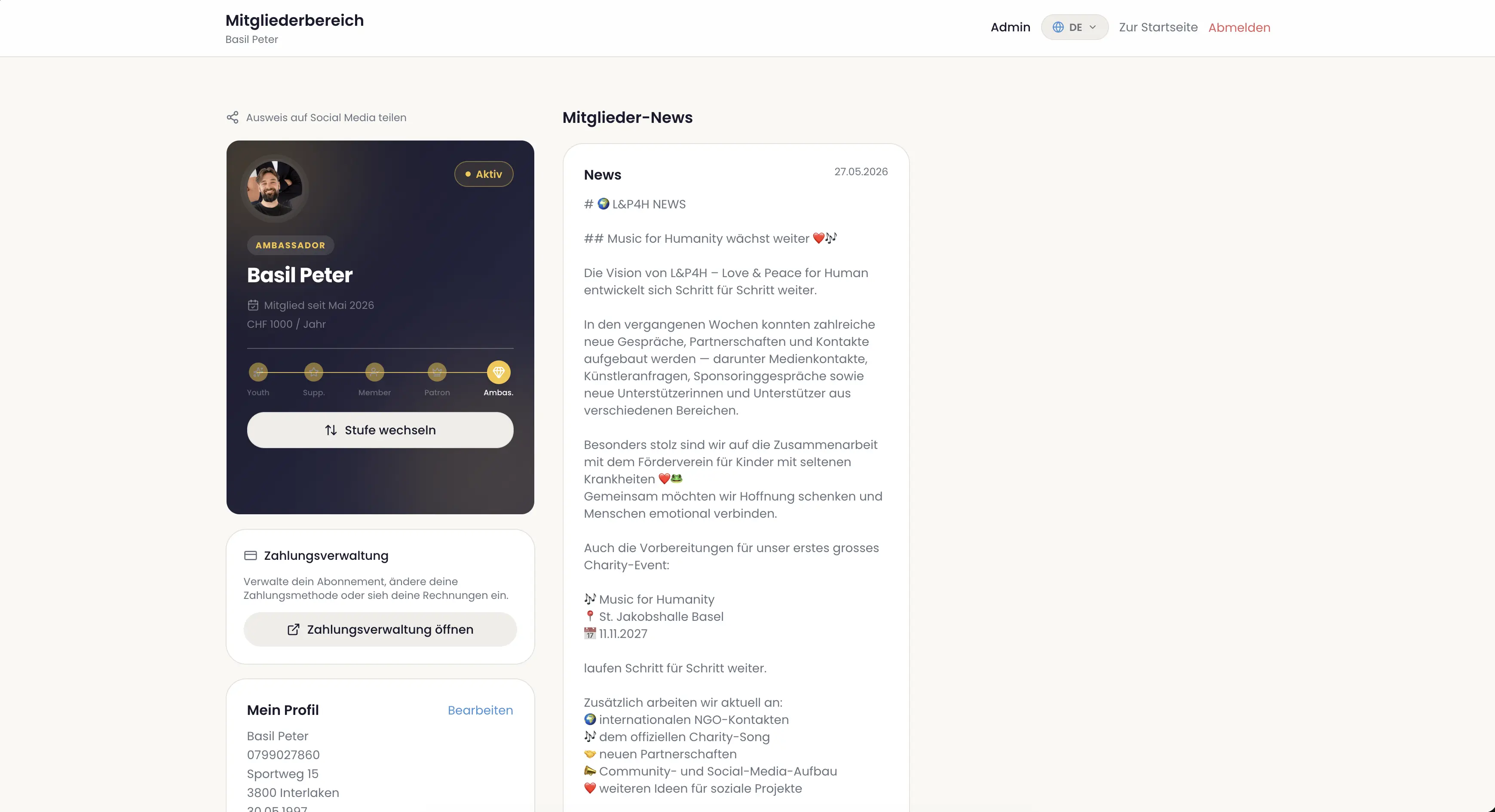 Love & Peace for Humans – Admin-Dashboard