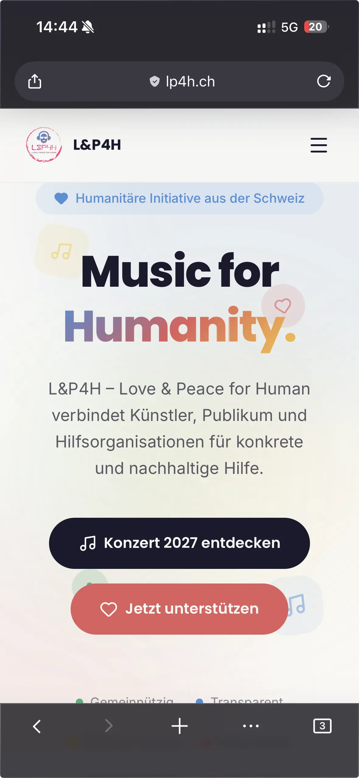 Love & Peace for Humans – Mobile-Ansicht der Website