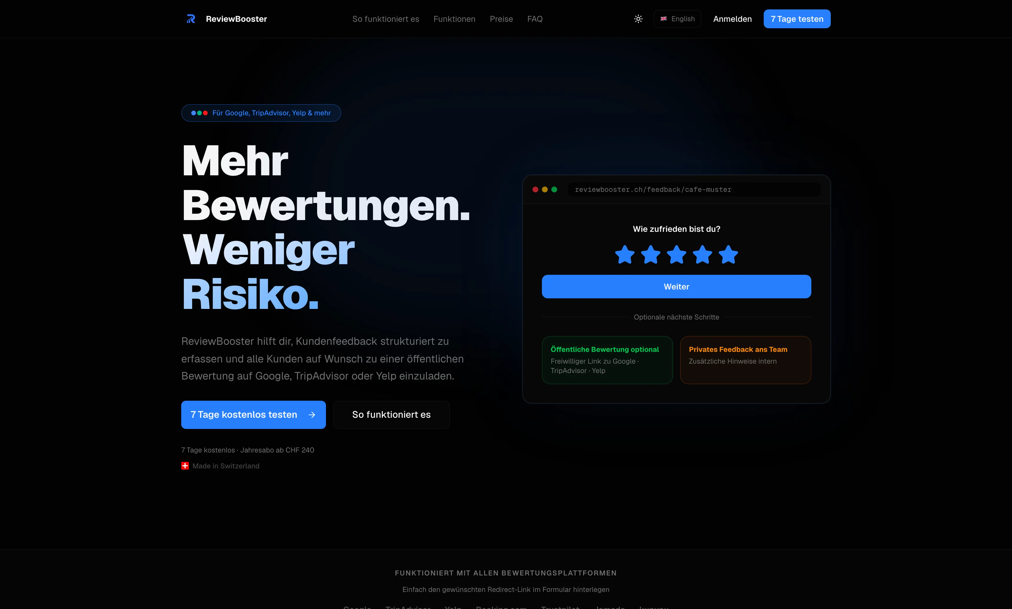 ReviewBooster – Desktop-Ansicht der Website, umgesetzt von Nexo Solutions