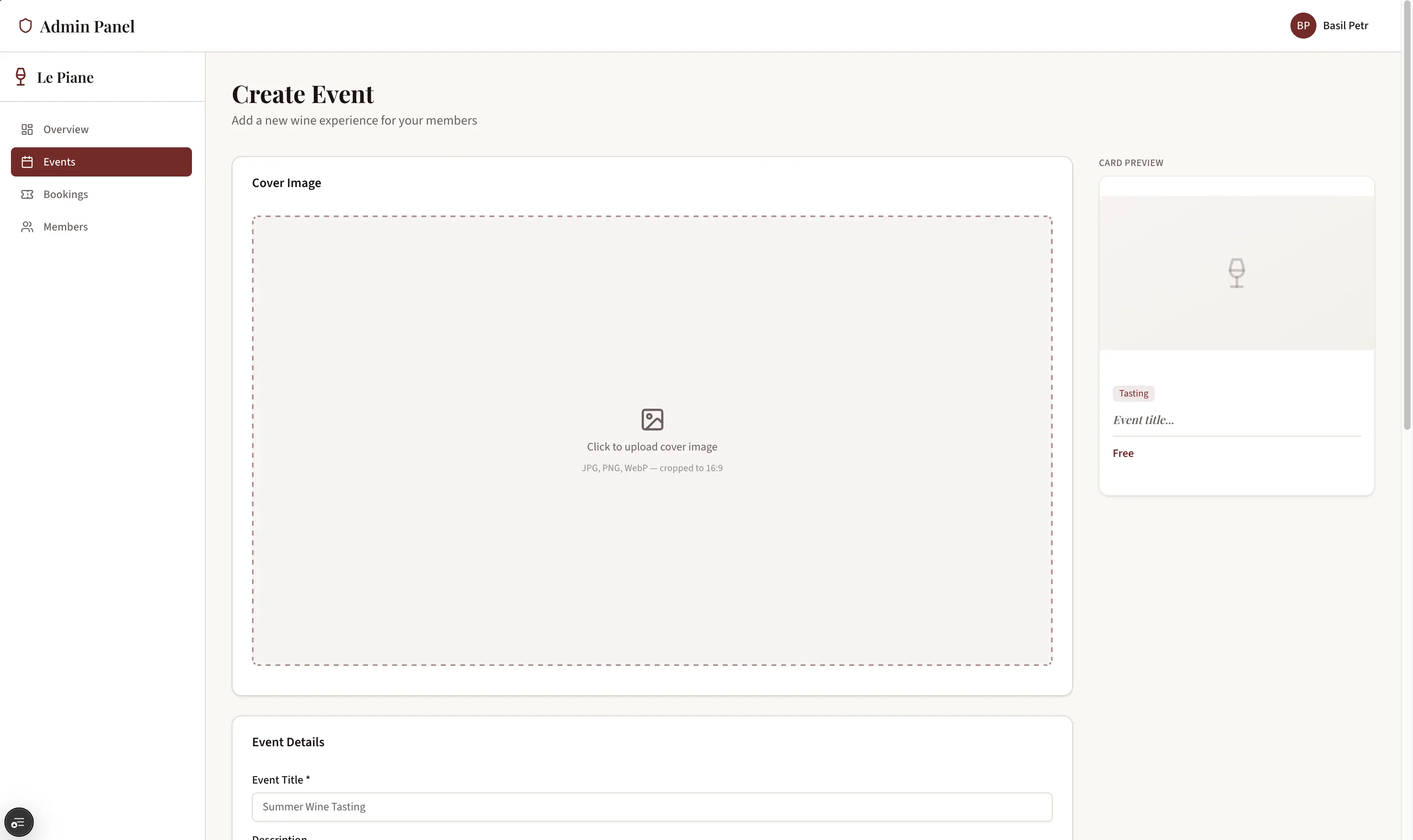 Tavola le Piane – Admin-Dashboard