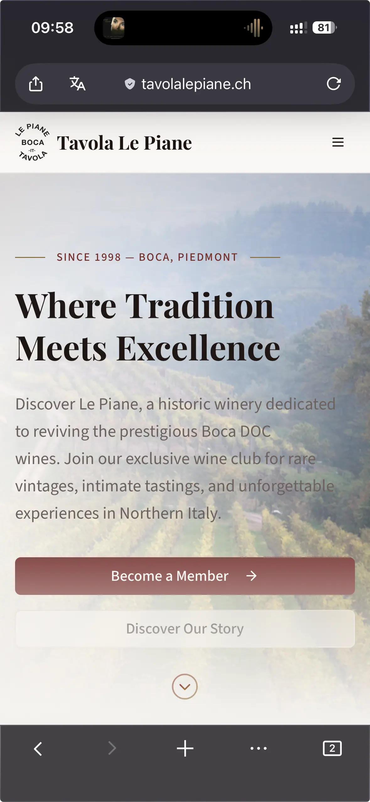 Tavola le Piane – Mobile-Ansicht der Website