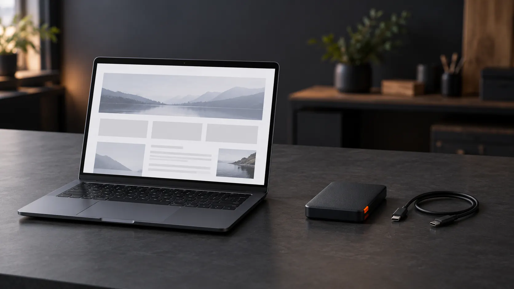 Laptop mit schematischer Website und räumlich getrenntem externem Sicherungslaufwerk.