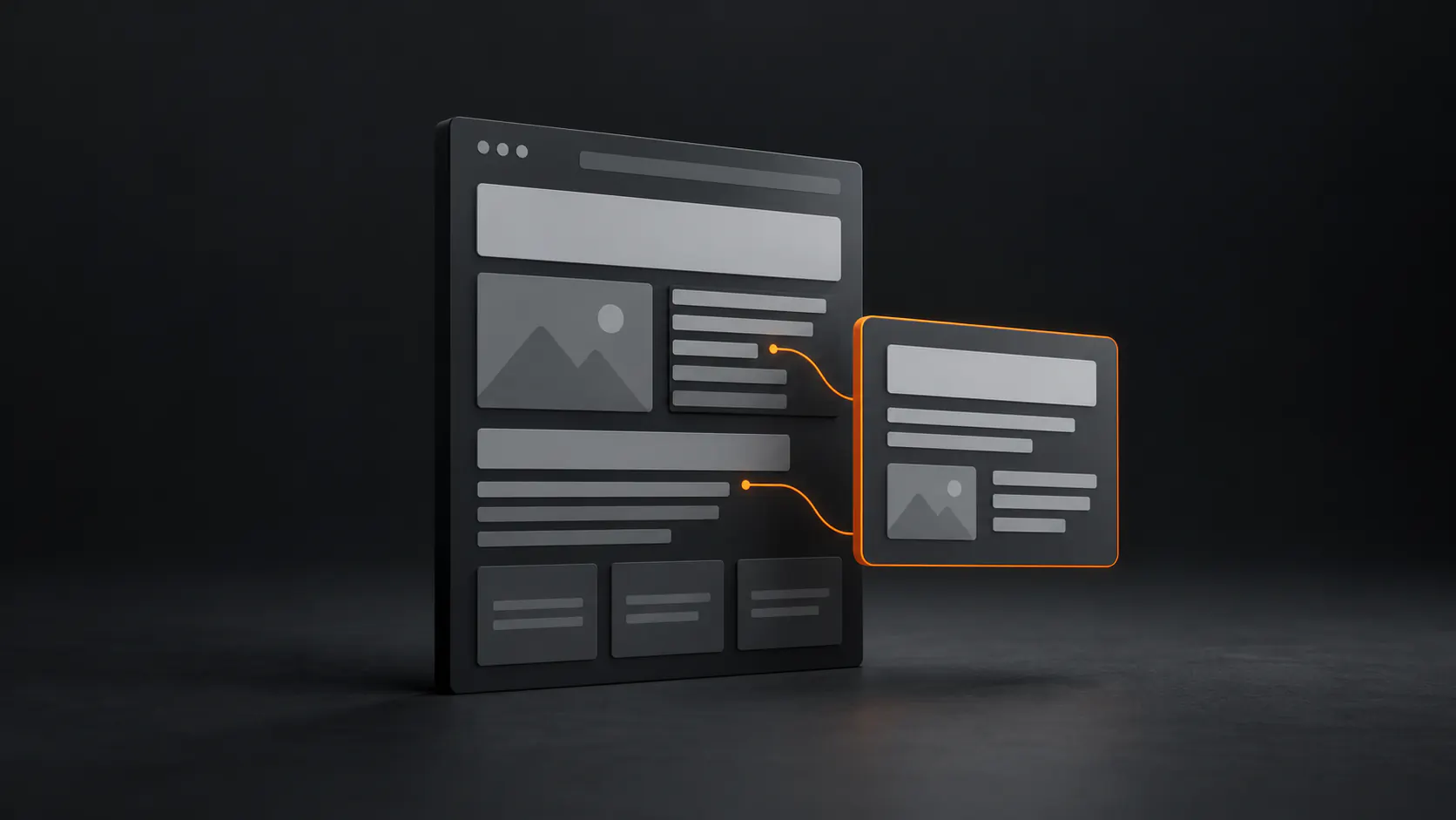 Räumliche Illustration einer Website mit hervorgehobener Antwortkarte und verbundenen Inhaltsseiten.